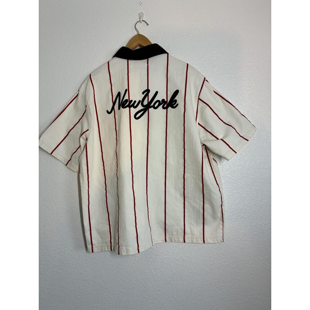 Bershka Shirt New York Diner Mens Medium White Short Sleeve Striped 1/2 Zip